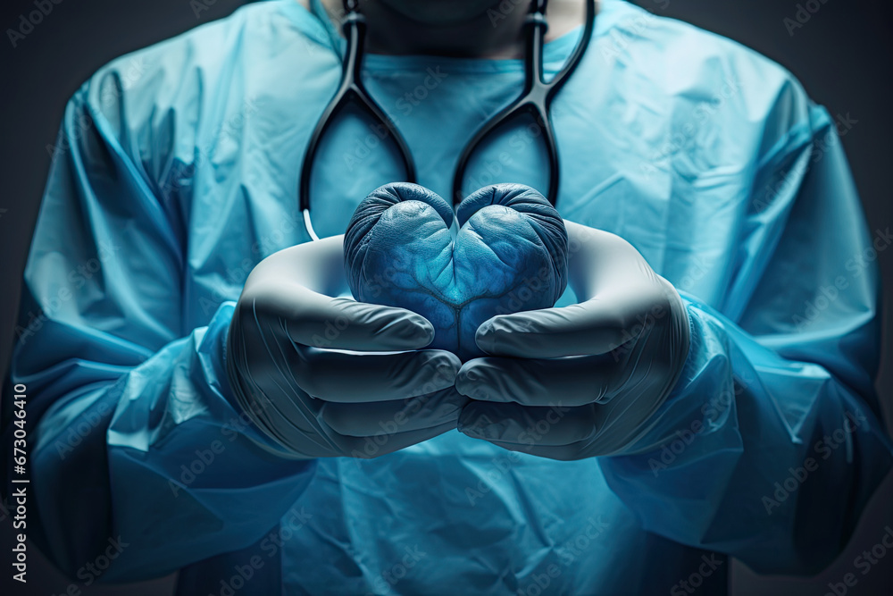 A doctor in blue medical gloves makes a heart out of his hands. Close up.The concept of care and protection. A cardiologist in rubber gloves shows the heart.