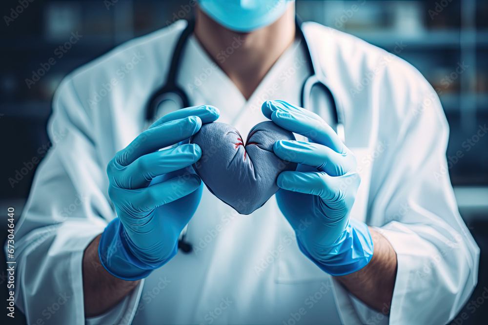 A doctor in blue medical gloves makes a heart out of his hands. Close up.The concept of care and protection. A cardiologist in rubber gloves shows the heart.