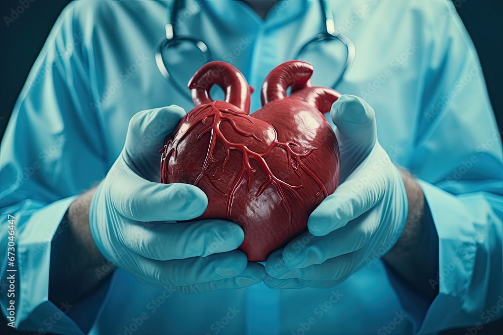 A doctor in blue medical gloves makes a heart out of his hands. Close up.The concept of care and protection. A cardiologist in rubber gloves shows the heart.