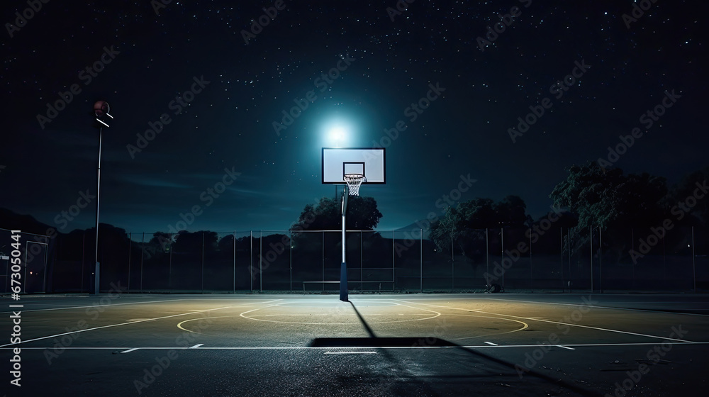 Empty basketball court in the night park, lights at night