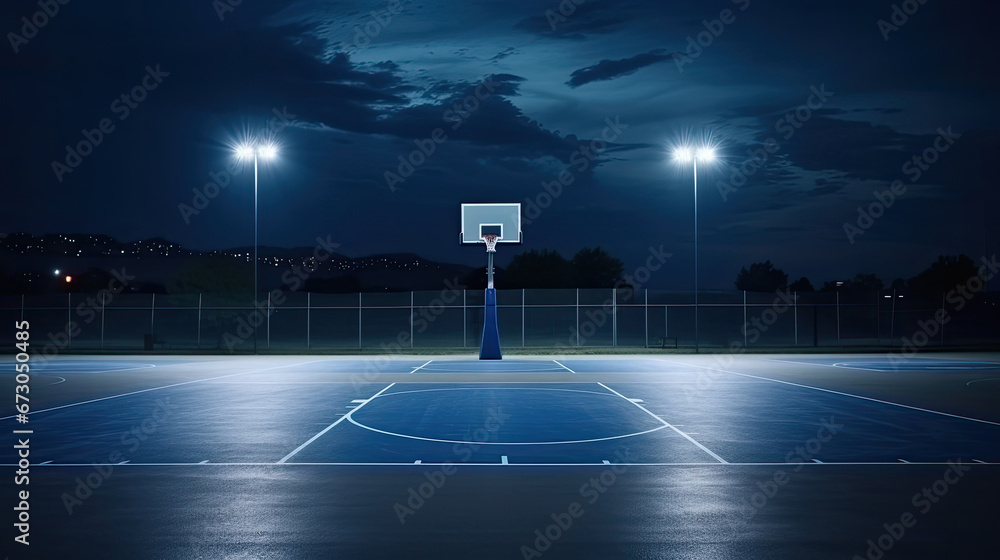 Empty basketball court in the night park, lights at night