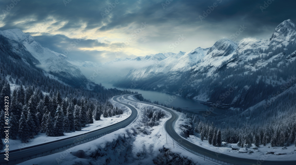 a snowy road through a winter snowy mountain side