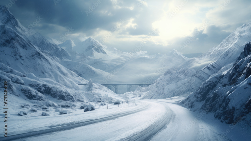 a snowy road through a winter snowy mountain side