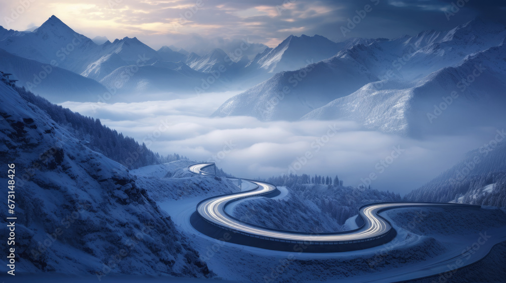 a snowy road through a winter snowy mountain side