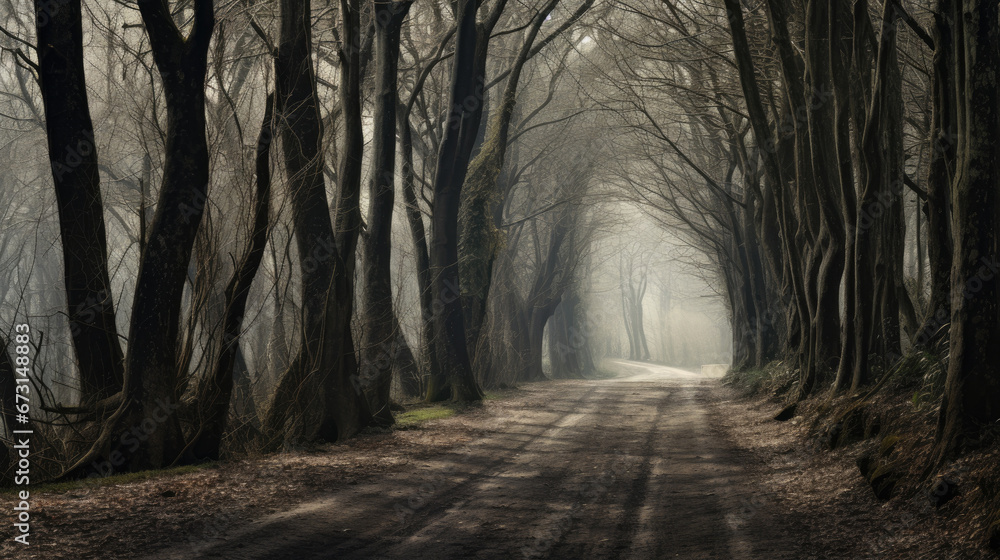 path in the forest, a road in a forest  with trees on each side, in the style of ancient , misty road forest