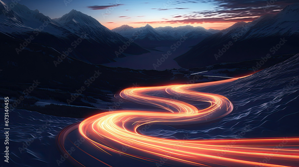  Aerial view of snowy forest with a road, a road winding through the snowy mountains at night