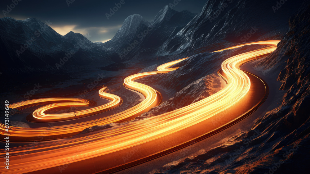  Aerial view of snowy forest with a road, a road winding through the snowy mountains at night