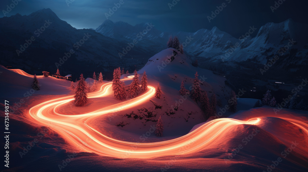  Aerial view of snowy forest with a road, a road winding through the snowy mountains at night