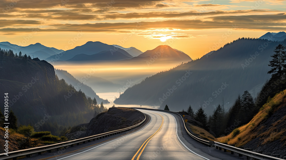 sunrise road driving over mountain landscape