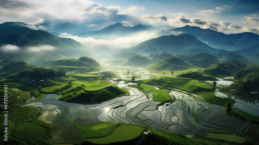 An aerial view of a vast  terraced rice fields and lush rice field