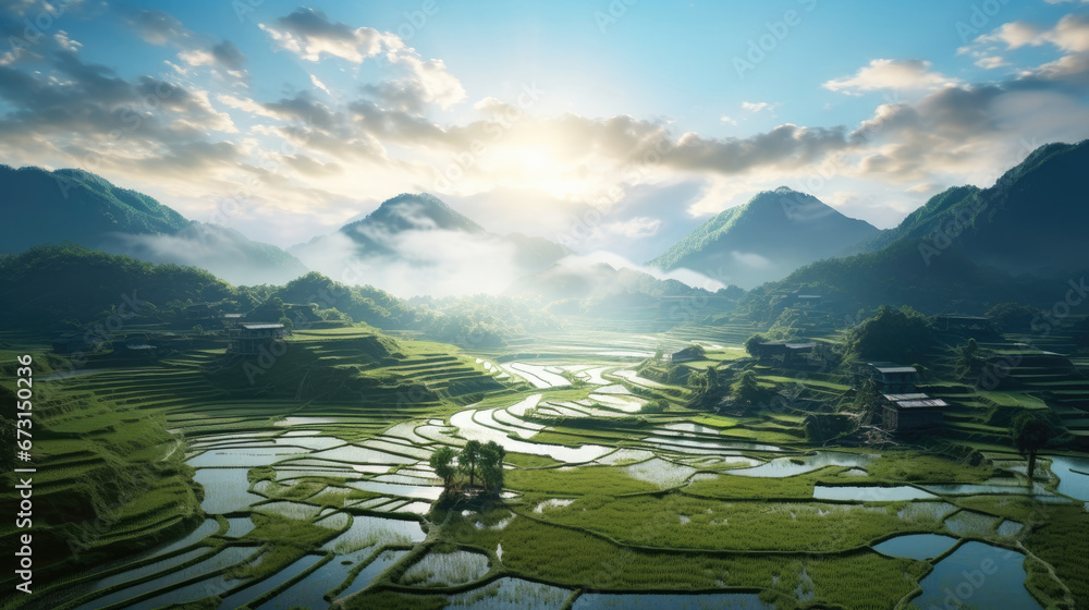 An aerial view of a vast  terraced rice fields and lush rice field