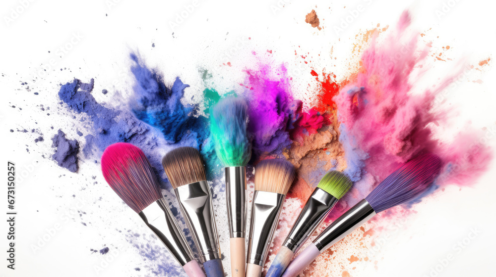 Cosmetics brushes and colorful makeup powder explosions on white background. with Copy space for text , Beauty and makeup concept. 