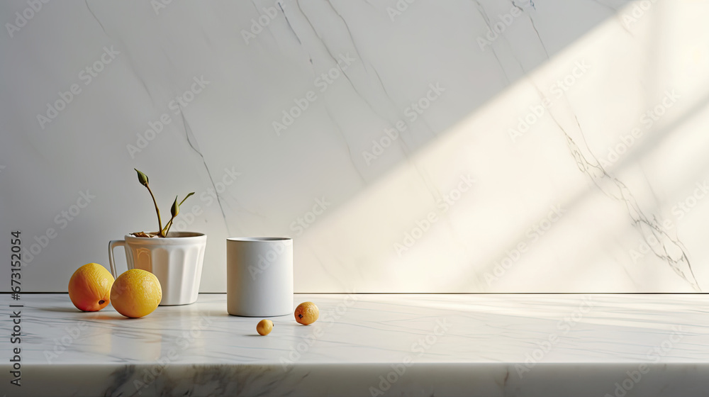 empty table Marble stone on modern kitchen interior background. Scene stage showcase for montage you products, promotion sale or advertising, mockup