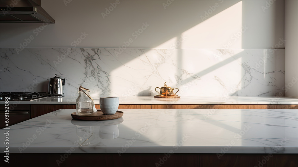 empty table Marble stone on modern kitchen interior background. Scene stage showcase for montage you products, promotion sale or advertising, mockup