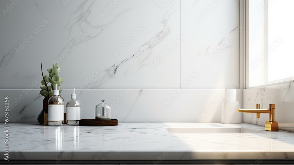 Empty marble bath table for montage of your products opposite white tile wall in elegant bathroom interior with accessories. Concept scene stage for montage product and promotional, mockup