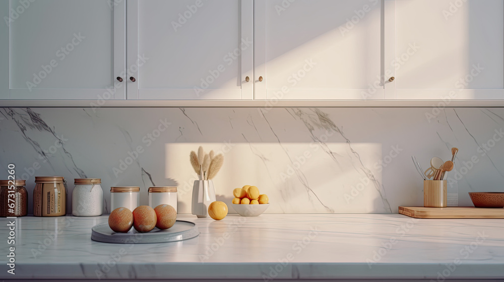 empty table Marble stone on modern kitchen interior background. Scene stage showcase for montage you products, promotion sale or advertising, mockup