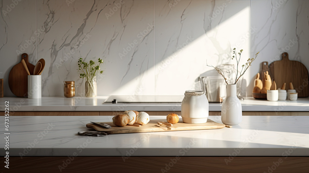 empty table Marble stone on modern kitchen interior background. Scene stage showcase for montage you products, promotion sale or advertising, mockup