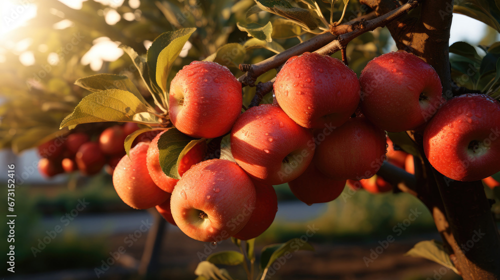 apples on a branch, Fruit farm with apple trees. Branch with natural apples on blurred background of apple orchard in golden hour. Concept organic, local, season fruits and harvesting