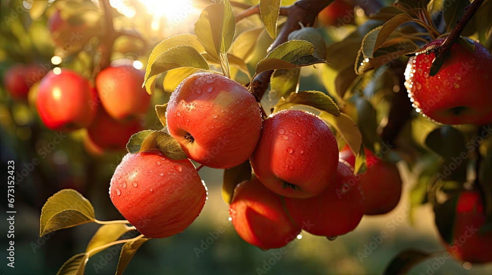 apples on a branch, Fruit farm with apple trees. Branch with natural apples on blurred background of apple orchard in golden hour. Concept organic, local, season fruits and harvesting