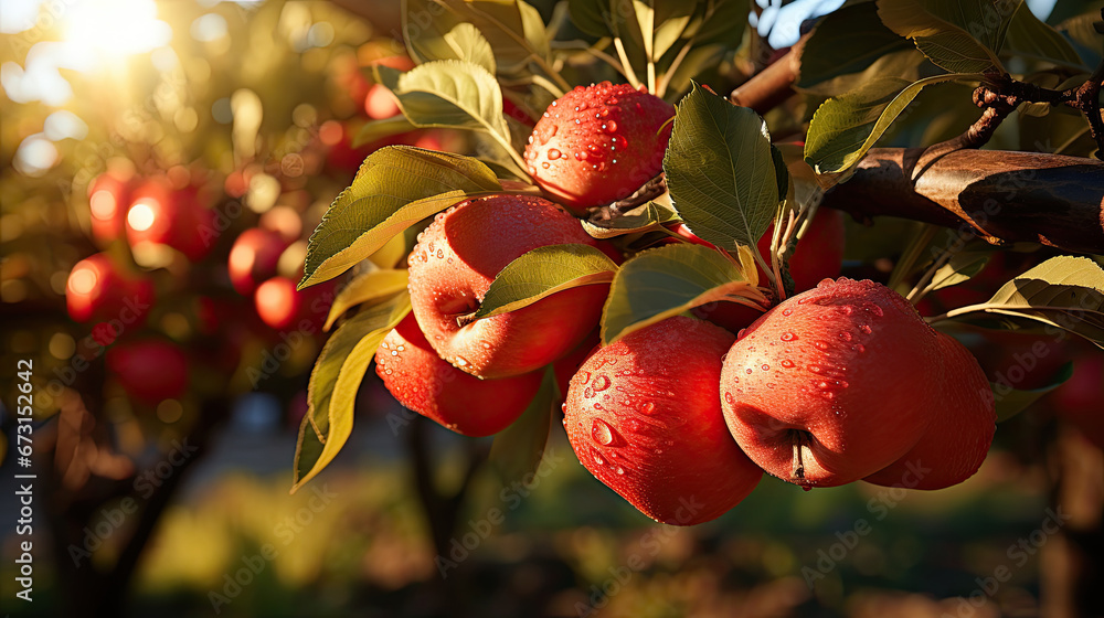 apples on a branch, Fruit farm with apple trees. Branch with natural apples on blurred background of apple orchard in golden hour. Concept organic, local, season fruits and harvesting