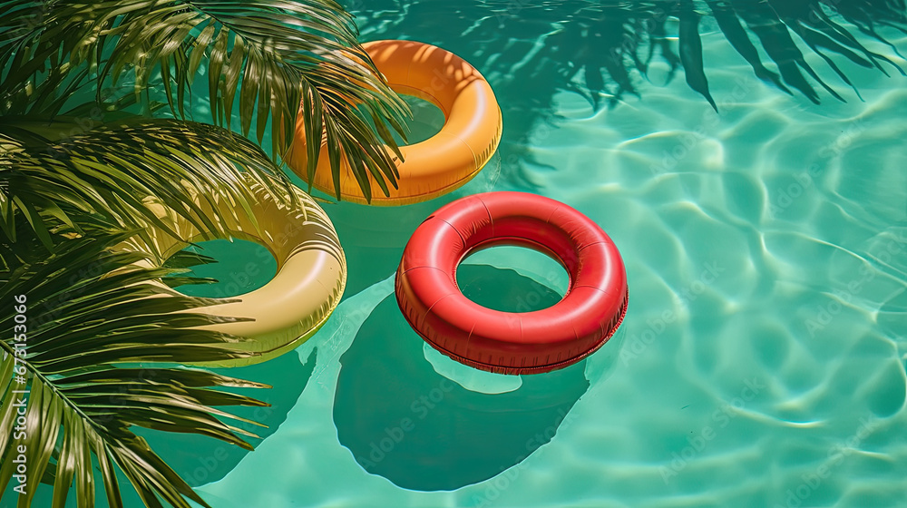 an array of red, green and yellow swim rings on light blue background with beautiful green palm leaves and palm tree shadow. summer background, copy space, pool in resort