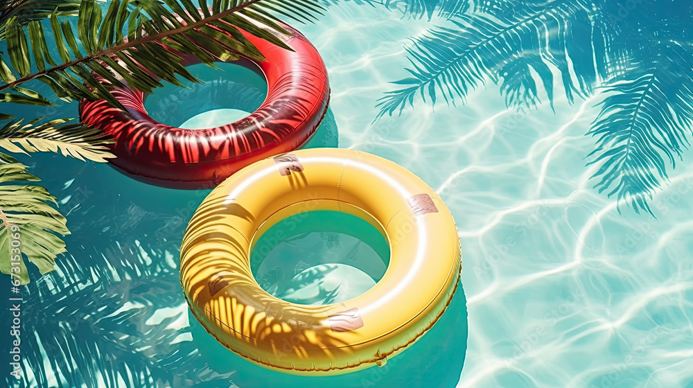 an array of red, green and yellow swim rings on light blue background with beautiful green palm leaves and palm tree shadow. summer background, copy space, pool in resort