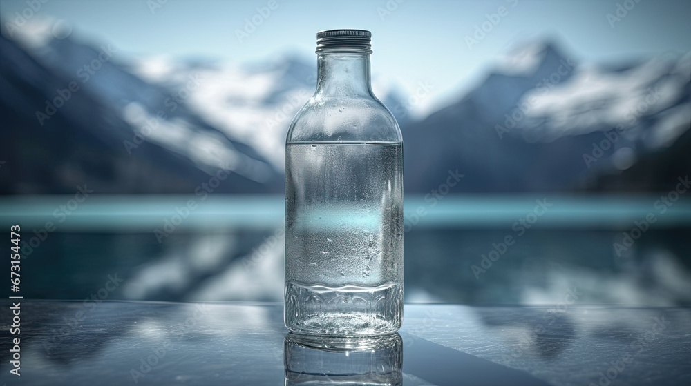 bottle Glass of pouring crystal water on blurred nature snow mountain background.  Healthy refreshing drink