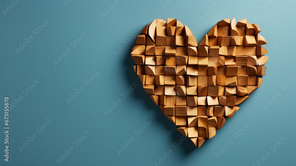 wodeen heart shape on blue background with copy space, 3d heart