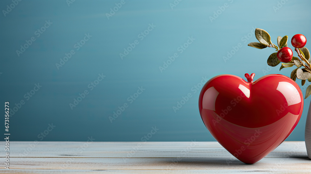 red heart shape on blue background with copy space, 3d heart