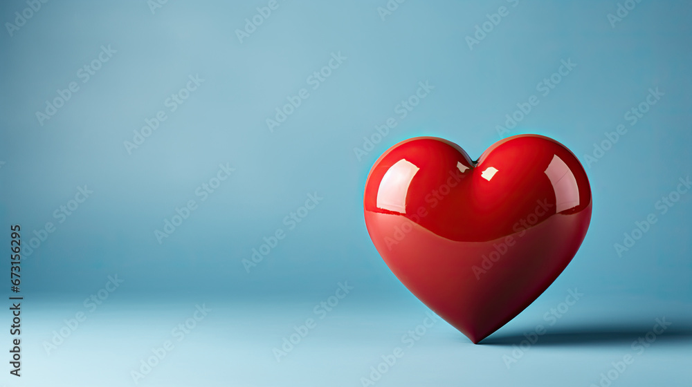 red heart shape on blue background with copy space, 3d heart