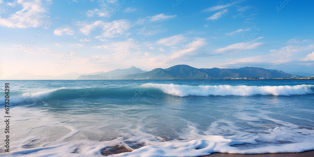 Seascape painting .Sea wave, Spectacular sunrise seascape of ocean waves and sun beaming through the clouds, Aerial view of mountain and morning mist during sunrise, generative AI 