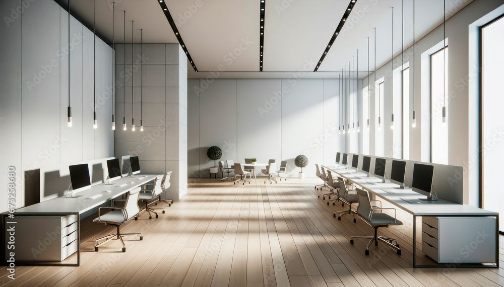 Interior of modern meeting room with white walls, wooden floor, rows of computer tables with white chairs. Generative AI