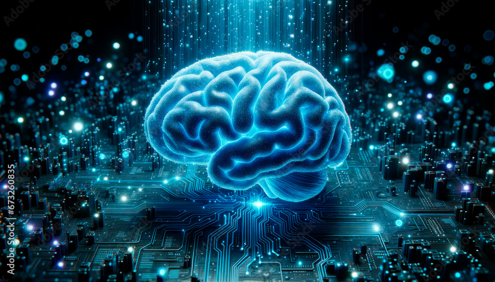 human brain on circuit board background. Artificial intelligence concept. Generative AI