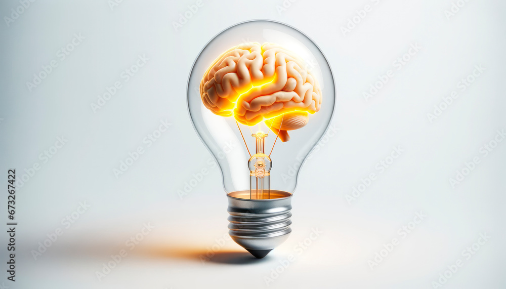 Yellow glowing human brain inside of light bulb on white background. Generative AI