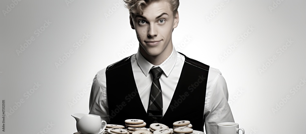 Monochrome photograph of a youthful server dispensing coffee and biscuits