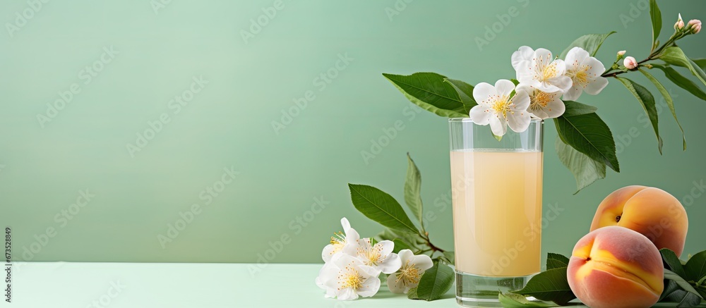 Minimalist food concept featuring a pastel green backdrop adorned with a creative arrangement of crisp peach fruits a refreshing beverage and vibrant flowers