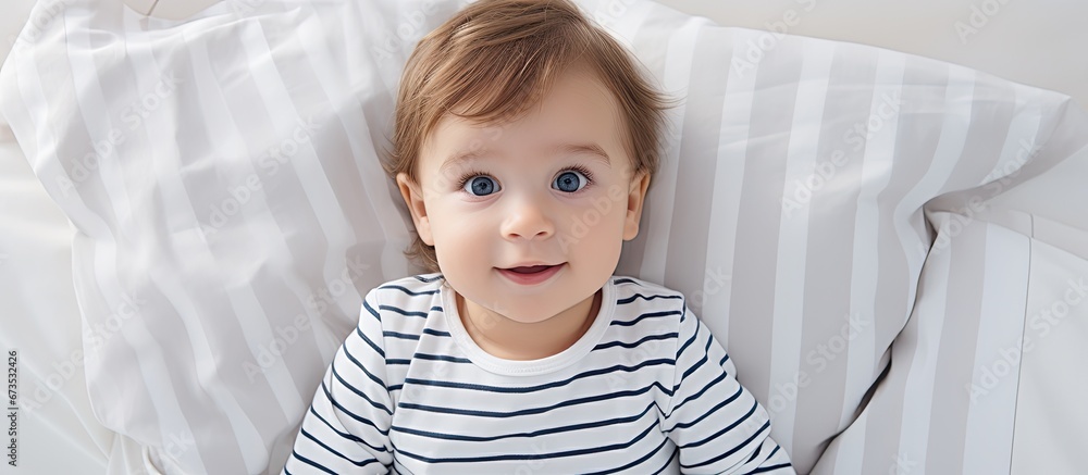 Infant wearing stripes resting on a bed with a white cover