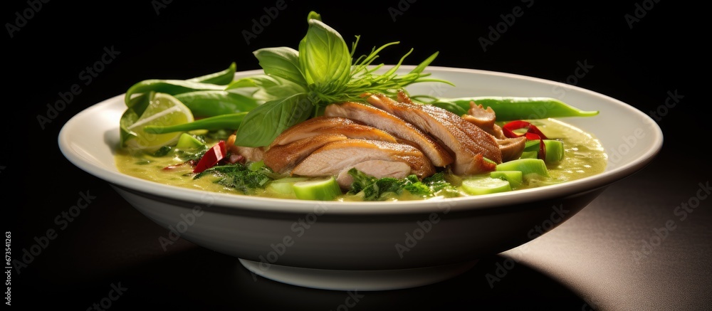 Thai cuisine featuring a delectable combination of roasted duck and vibrant green curry