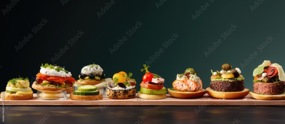 Tasty breakfast or snack featuring a selection of different toppings on canapes