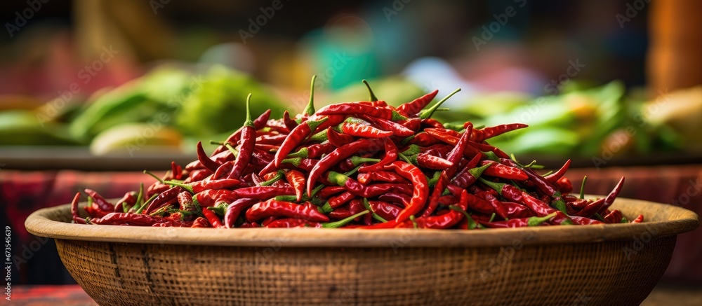 On the streets of Khatmandu Nepal you will find a bustling market where vibrant red and green chillies are proudly showcased and available for purchase