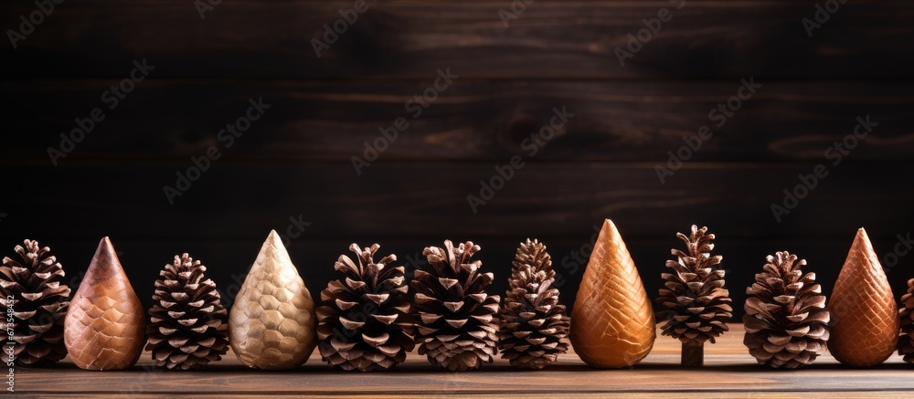 Numerous cones arranged against a backdrop of wood Idea Joyful holiday season encompassing Christmas New Year and the winter festivities