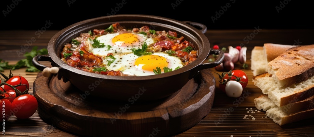 Enjoy a delectable organic and authentic Turkish breakfast spread on a rustic wooden tabletop complete with a traditional copper egg pan Observe the breakfast from above giving you a wholes