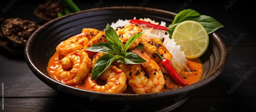 Thai style curry with red curry sauce featuring juicy shrimp and tropical pineapple