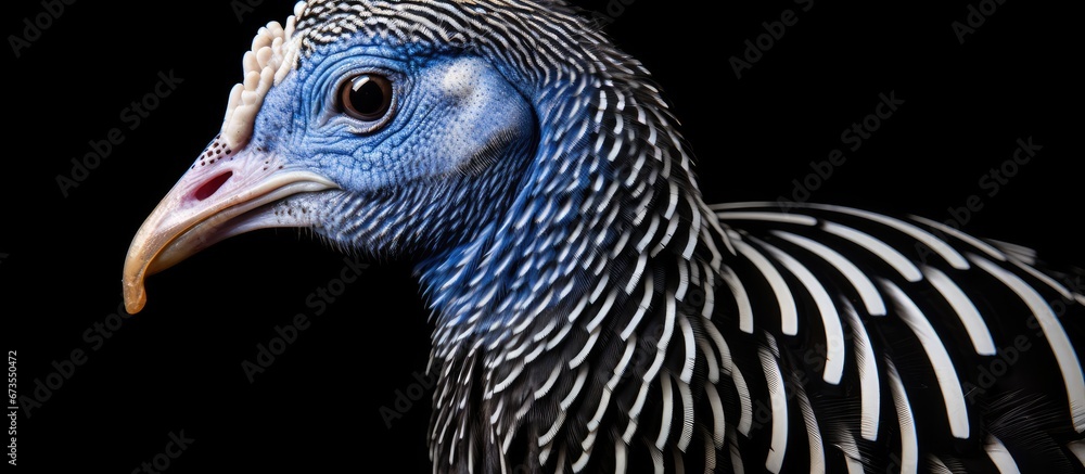 The feathers of the vulterine guinea fowl are stunning displaying gorgeous shades of blue along with distinct black and white markings