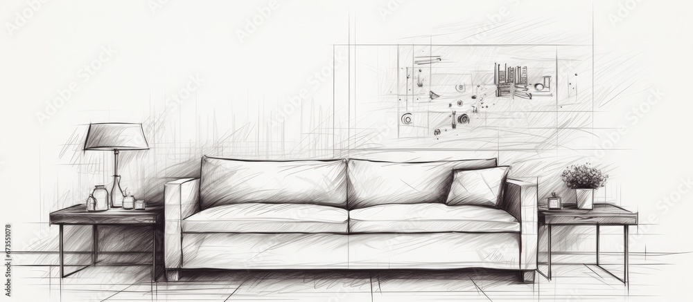 Sketch of a contemporary interior space Sofa and table meticulously hand drawn