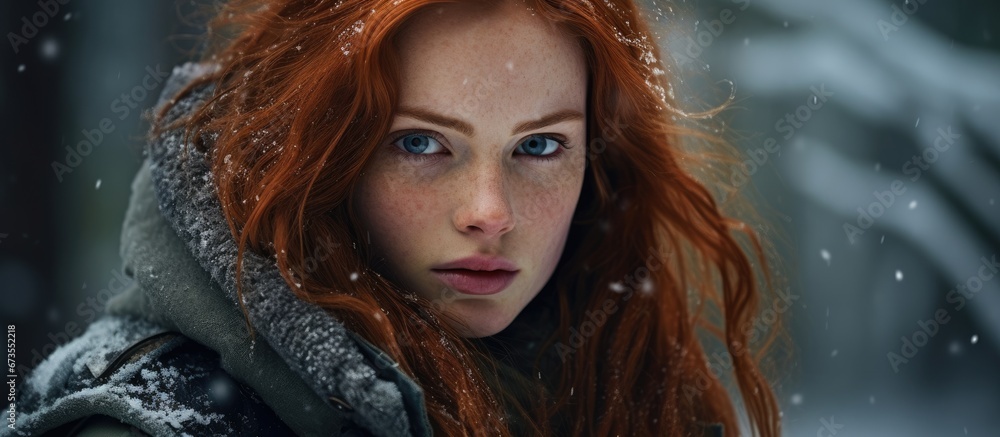 In the winter forest a stunning and untamed young woman with fiery red hair poses for a portrait as a skilled hunter