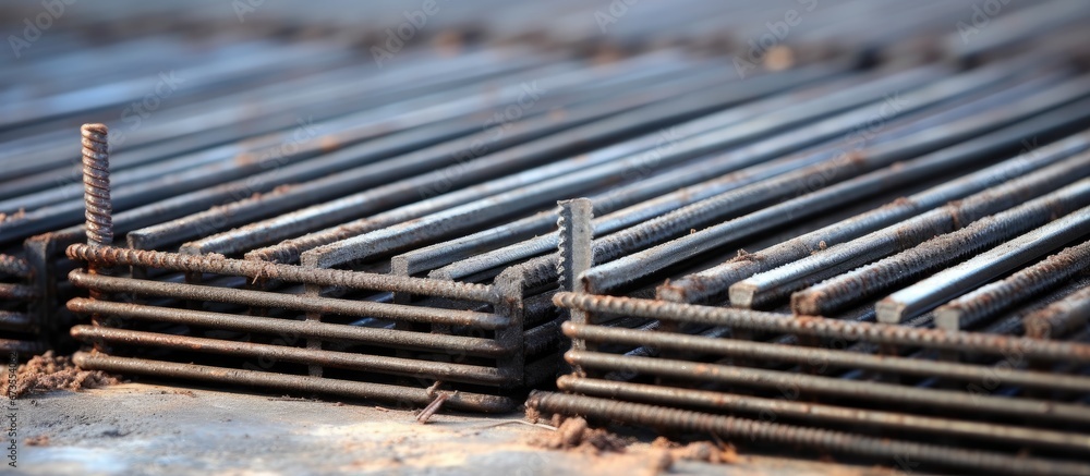 Prior to pouring concrete a ready iron reinforcement lies on the floor awaiting bonding and reinforcement