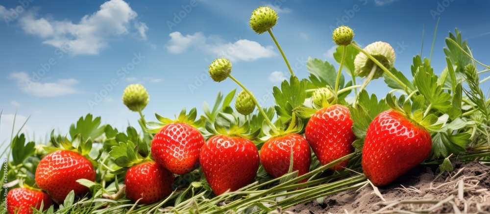 Strawberries that are ready sitting on the ground