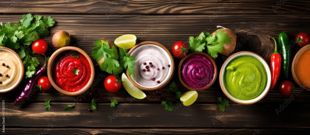 Fresh vegetables along with traditional Mexican salsa and guacamole are arranged in small white bowls on a wooden rustic table as seen from above