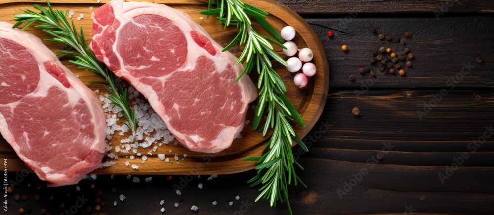 Pork chops uncooked and placed on a wooden surface viewed from above Ready for the cooking process